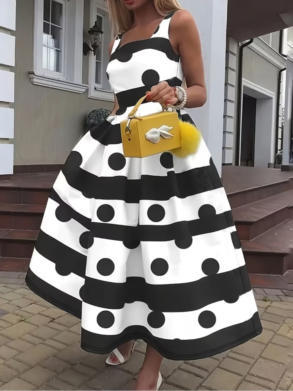 Elegant Polka Dot Striped Flared Stretch Tank Dress